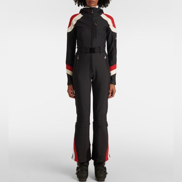 NWT Perfect moment Allos hooded striped ski suit in jet black/red/snow white - Picture 10 of 13